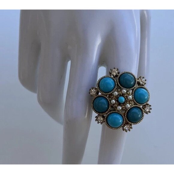 Vintage Size 6.5 Silver Oval Turquoise Pearl White Stone Faux Ring Western Style - Picture 9 of 11